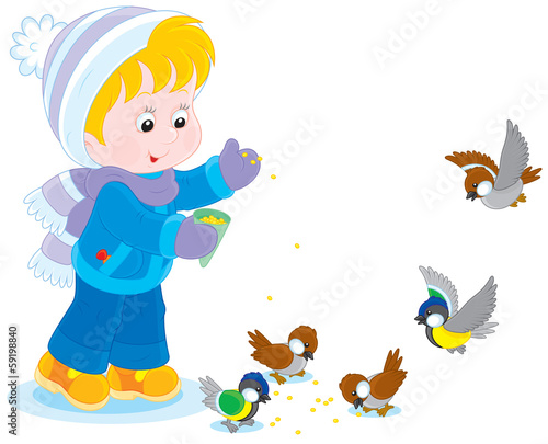Child feeds birds
