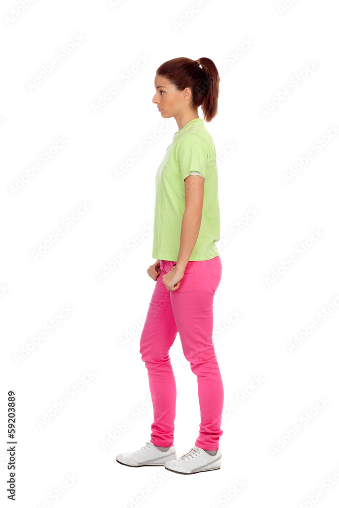 Fototapeta premium Profile of casual girl with pink jeans