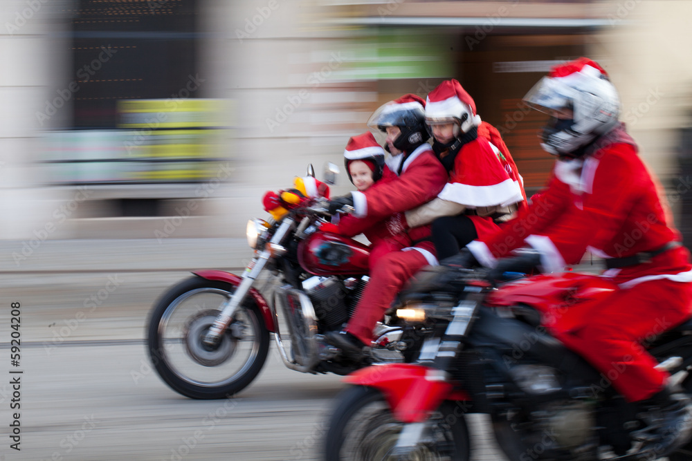 the parade of Santa Clauses on motorcycles in Cracow