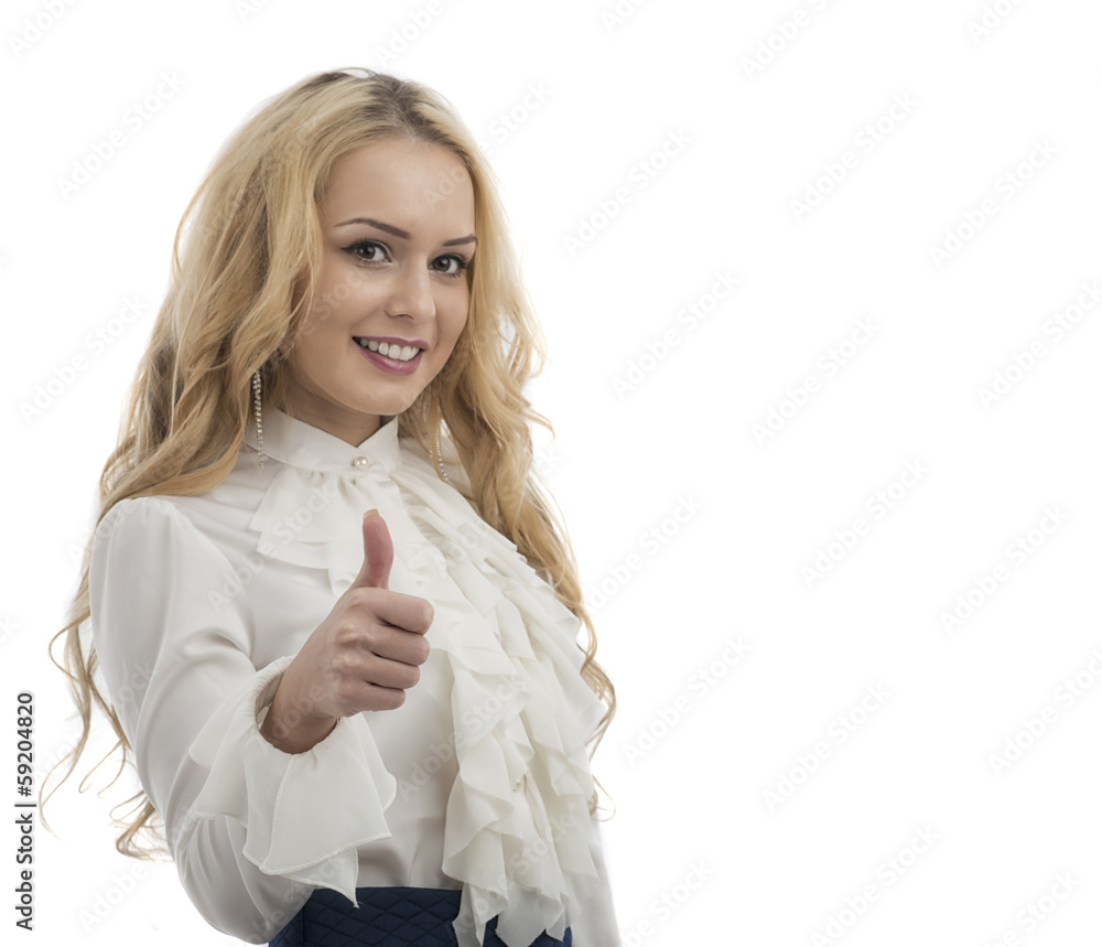 Smiling business woman thumb up show. isolated white background Smiling business woman thumb up show. isolated white background