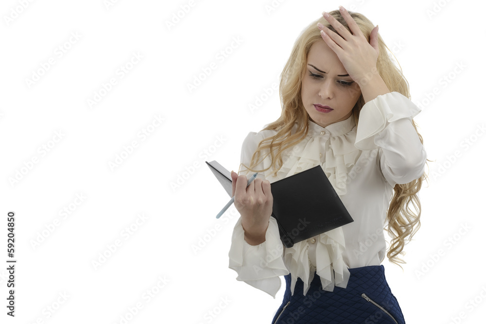 picture of stressed woman with clipboard isolated on white backg picture of stressed woman with clipboard isolated on white backg