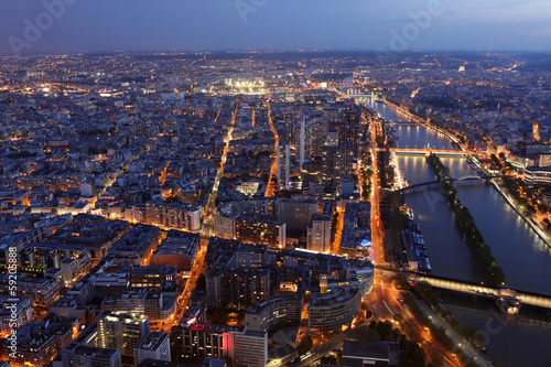 Famous Night view of Paris with the Seine river from the Eiffel