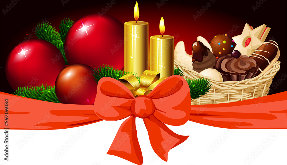 Christmas horizontal design with candle, xmas ball