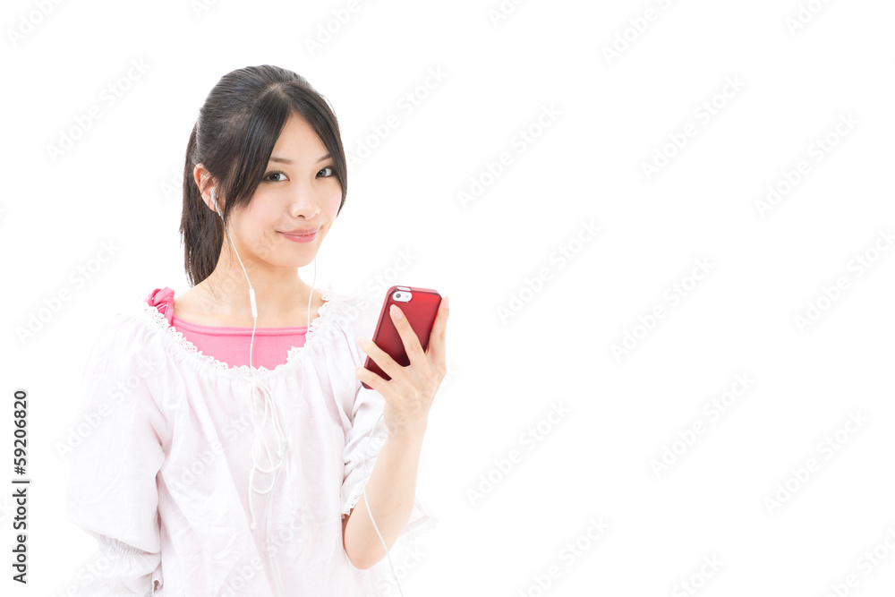 young asian woman using smart phone on white background young asian woman using smart phone on white background