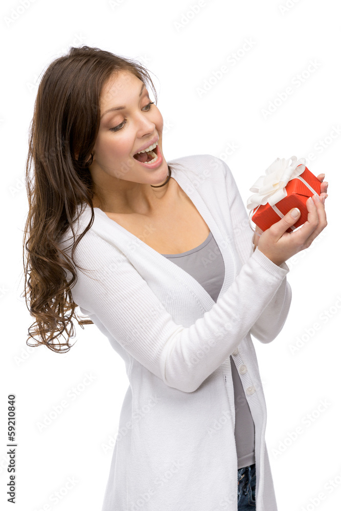 Half-length portrait of girl keeping present box Half-length portrait of girl keeping present box