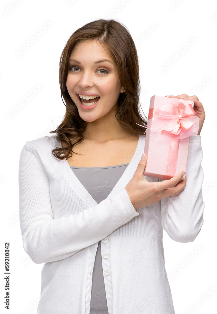 Half-length portrait of woman keeping present box Half-length portrait of woman keeping present box
