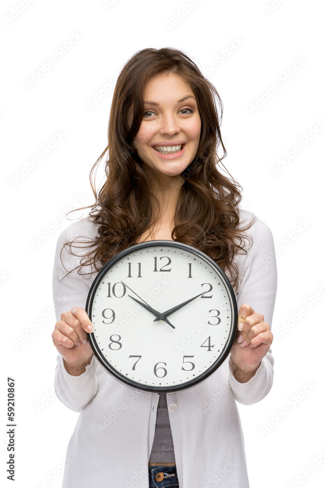 Half-length portrait of woman holding clock Half-length portrait of woman holding clock