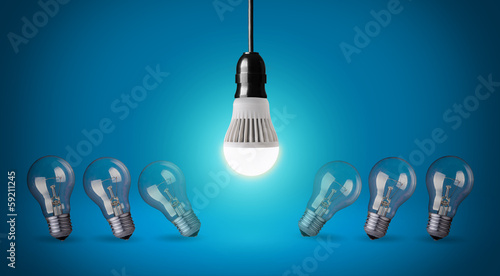 Glowing LED bulb and simple light bulbs