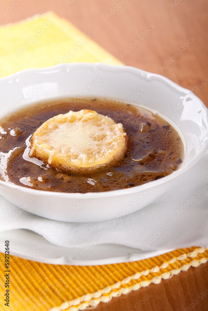 Onion soup with beef broth and bread Onion soup with beef broth and bread
