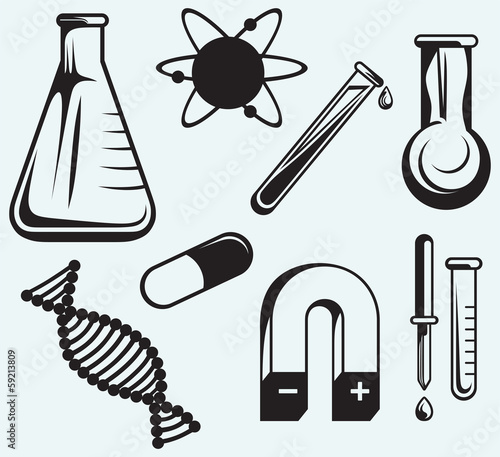 Biology, chemistry and physics isolated on blue background