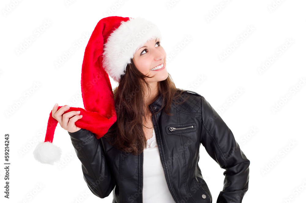Junge brünette Frau mit Weihnachtsmütze Junge brünette Frau mit Weihnachtsmütze