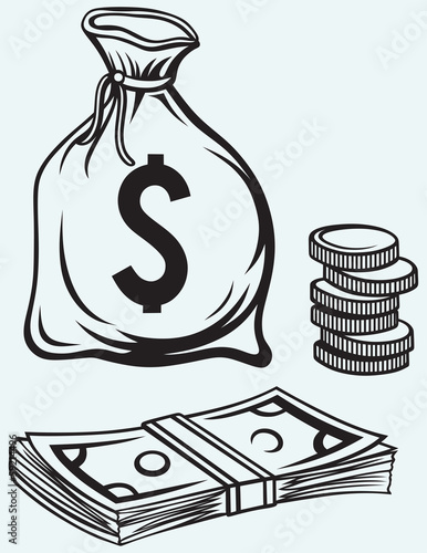 Stack dollars banknotes, moneybag and coins