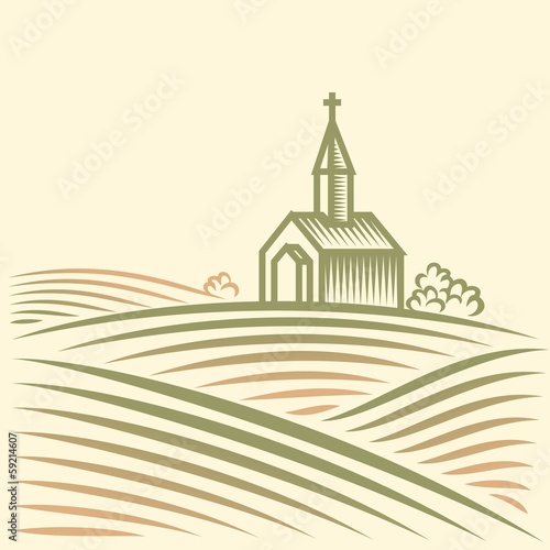 Rural landscape with fields and church