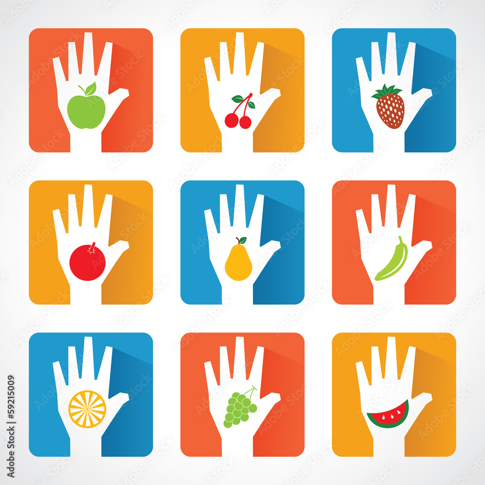 Fototapeta premium Different fruit icons and design with helping hand stock vector
