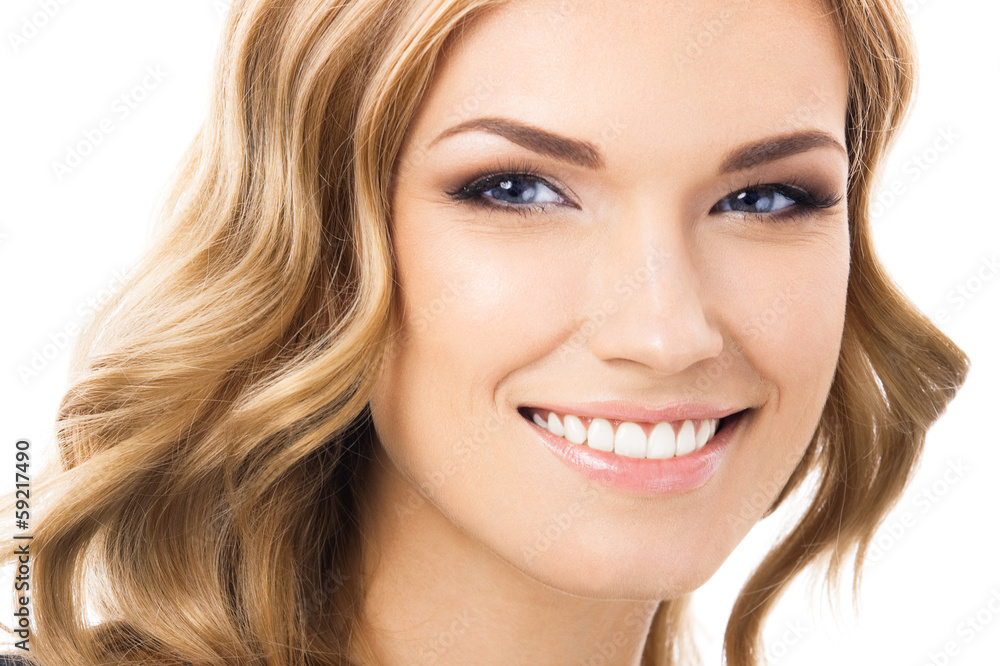 Fototapeta premium Happy smiling young woman, over white