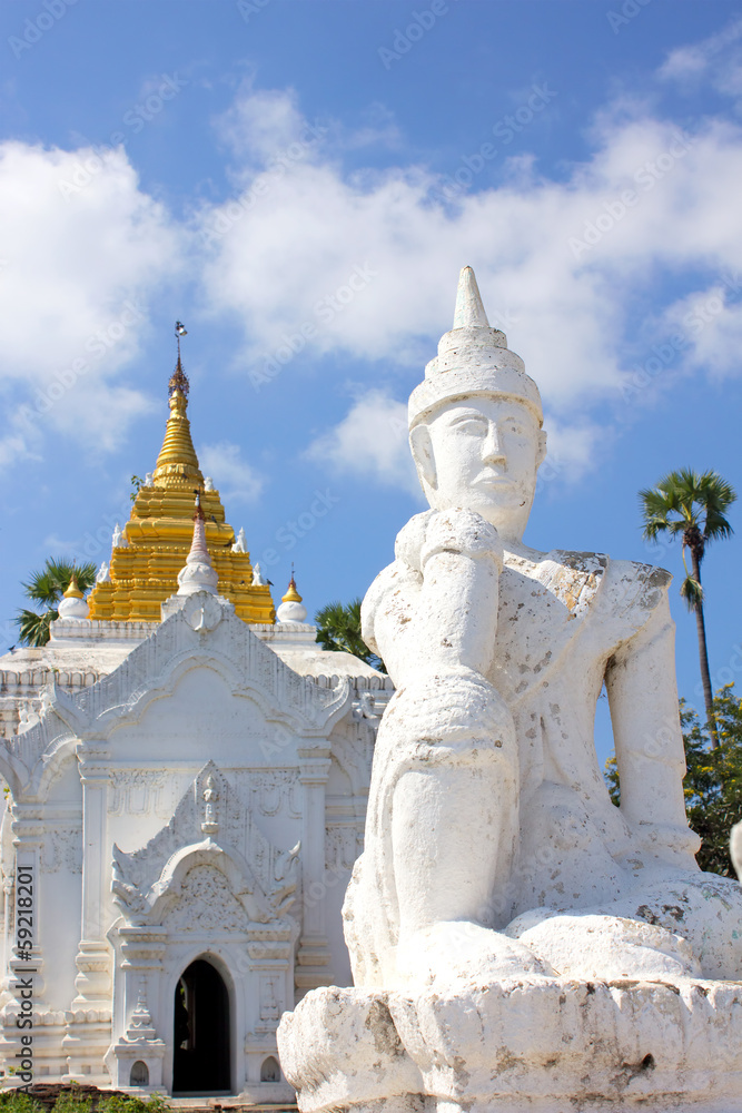 white statue in front of Settawaya pagoda in Mingun