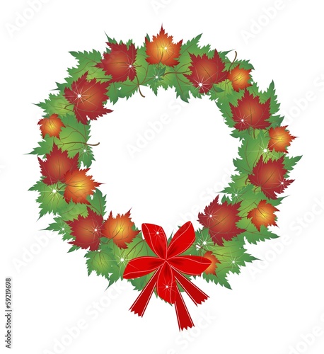 Fototapeta Naklejka Na Ścianę i Meble -  Christmas Wreath of Maple Leaves and Red Bows