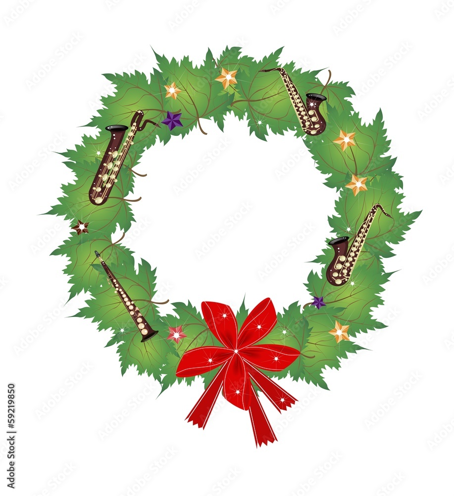 Christmas Wreath of Green Maple Leaves and Red Bows Christmas Wreath of Green Maple Leaves and Red Bows