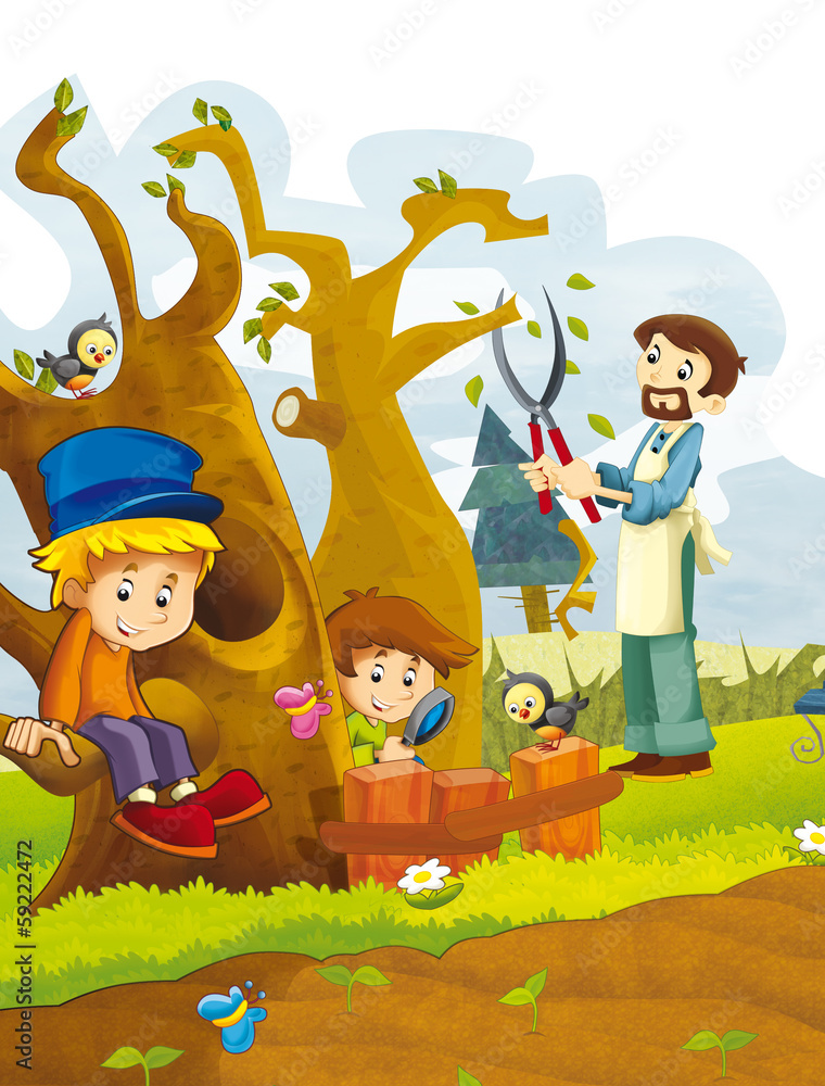 Family in the garden - illustration for the children