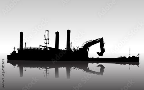 Vector silhouette of ship with floating excavator in service