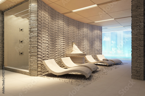 spa interior with ice fontain and chaise-longue. white model photo