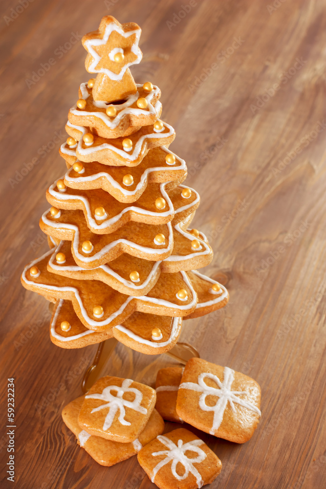 Gingerbread christmas tree.Gingerbread cookies stacked as christ