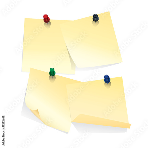yellow stick notes with colorful push pins on white background
