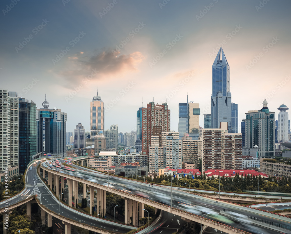 city skyline with elevated road city skyline with elevated road
