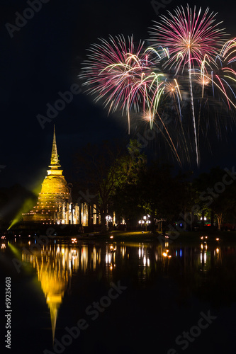 Firework with pagoda at Sukothai Thailand