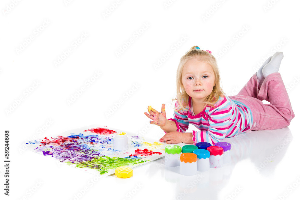 Child painting with fingers isolated on white Child painting with fingers isolated on white