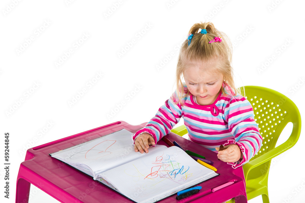 Child drawing with crayons isolated on white Child drawing with crayons isolated on white