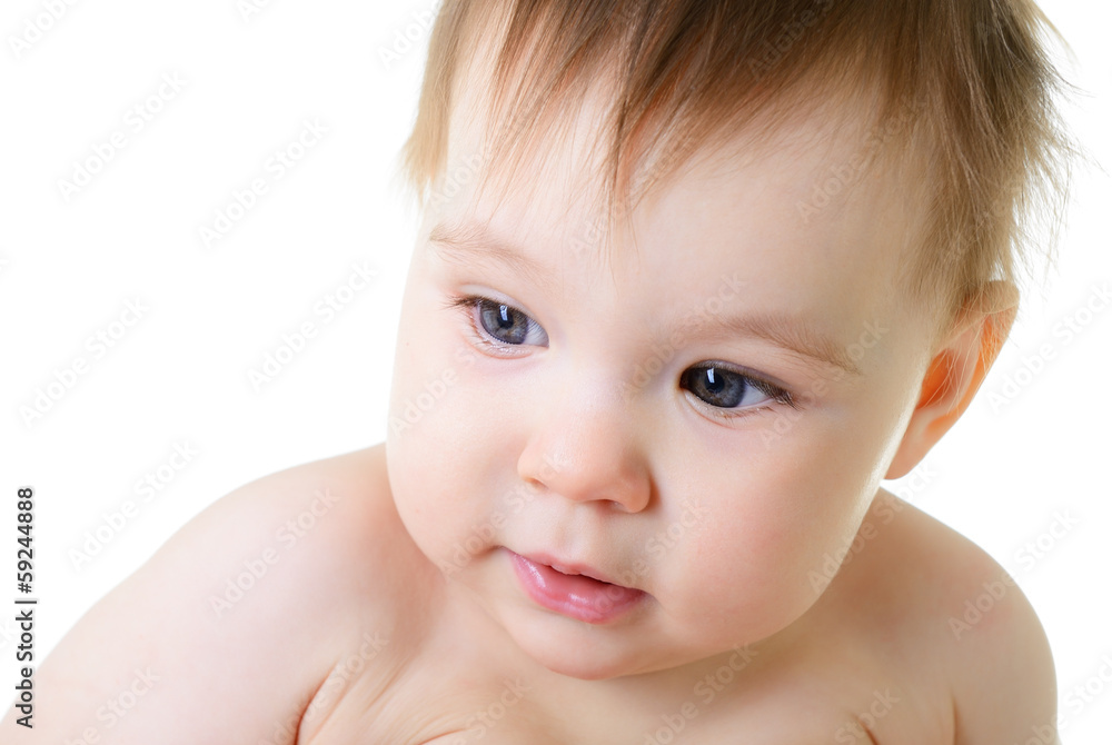 portrait of cute infant, 10 month, over white portrait of cute infant, 10 month, over white