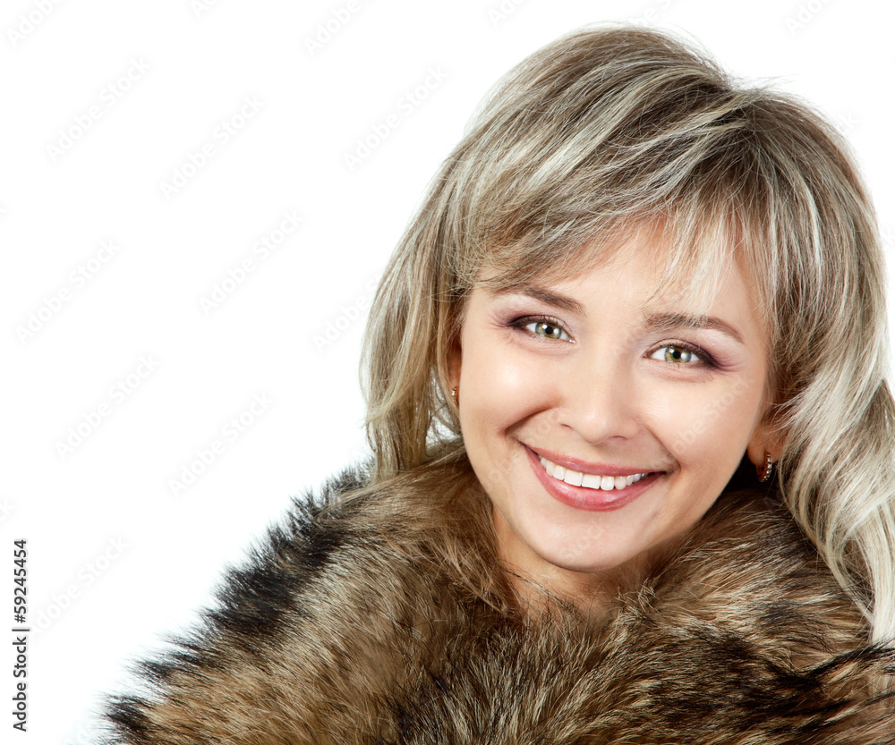 seasonal portrait of cheerful mid adult woman in fur seasonal portrait of cheerful mid adult woman in fur