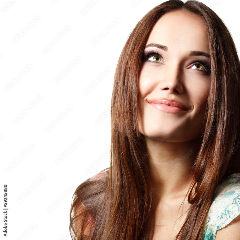 young woman portrait with long hair looking up into the corner young woman portrait with long hair looking up into the corner