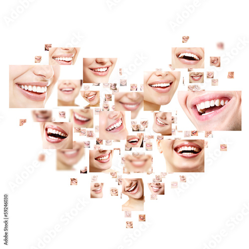 Heart collage of perfect smiles. Set of beautiful wide human smi