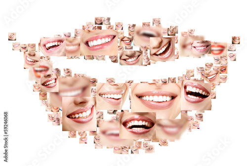 Smile collage of perfect smiling faces closeup. Conceptual set o photo