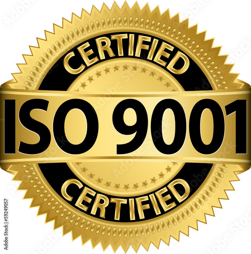 ISO 9001 certified golden label, vector illustration
