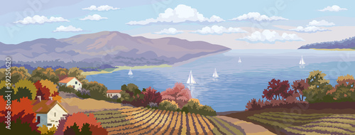 Rural landscape and sea panorama.