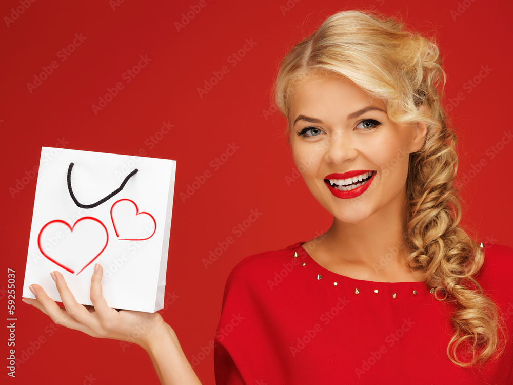 lovely woman in red dress with shopping bag lovely woman in red dress with shopping bag