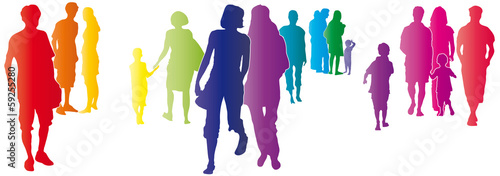Bunte Menschen in der Stadt mit Abstand, kleine Gruppe von Personen, Solidarität, silhouette vektor, set Männer und Frauen, Familie, in Gemeinschaft sein, Zukunft aktiv gestalten, Generation