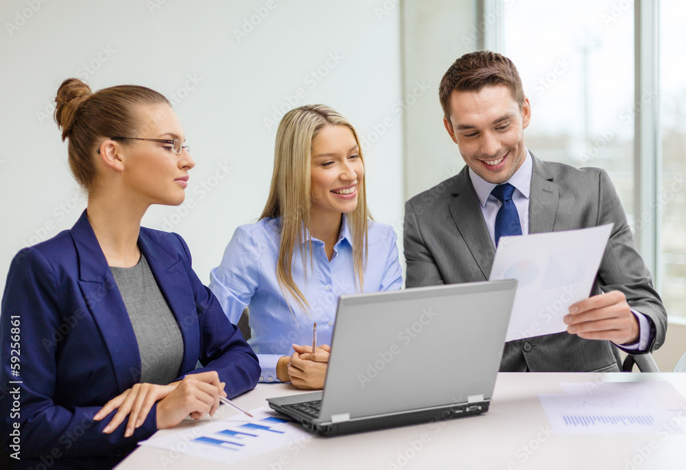 business team with laptop having discussion business team with laptop having discussion