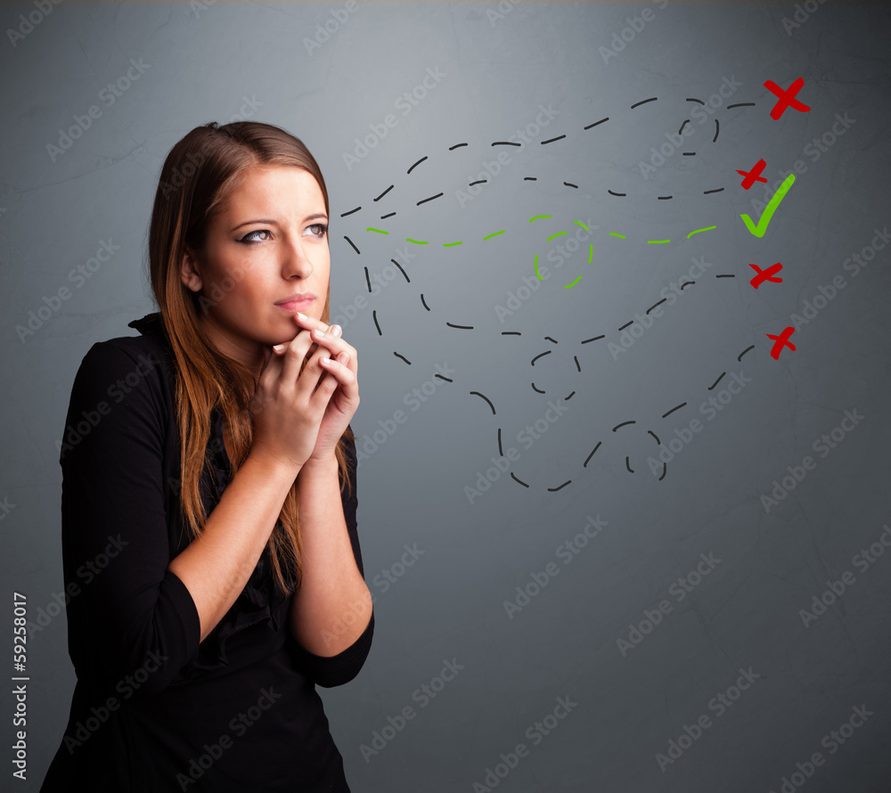 Young woman choosing between right and wrong signs Young woman choosing between right and wrong signs