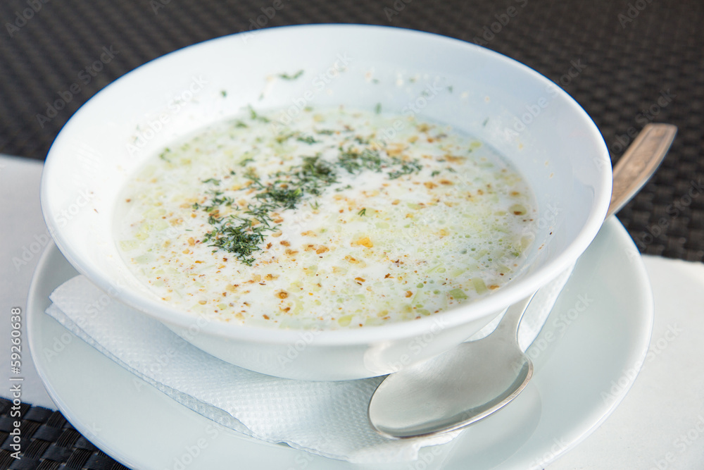 Bulgarian cold soup, Tarator on the table Bulgarian cold soup, Tarator on the table
