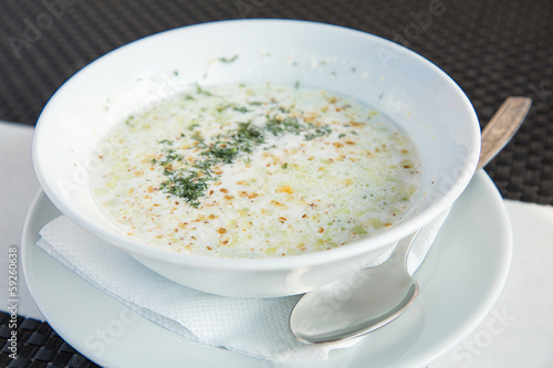 Bulgarian cold soup, Tarator on the table