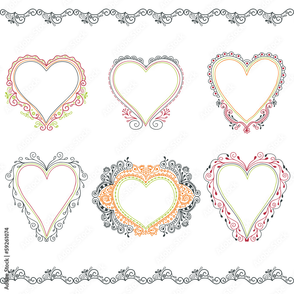 Set of vector hand-drawn heart frames