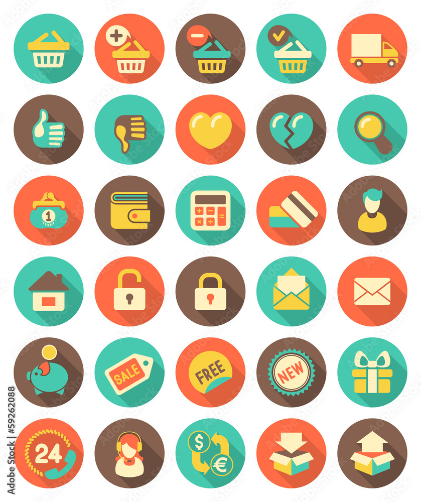 Flat Shopping icons with long shadows Flat Shopping icons with long shadows