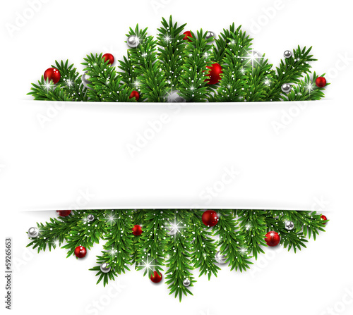 Christmas background with fir branches and balls.