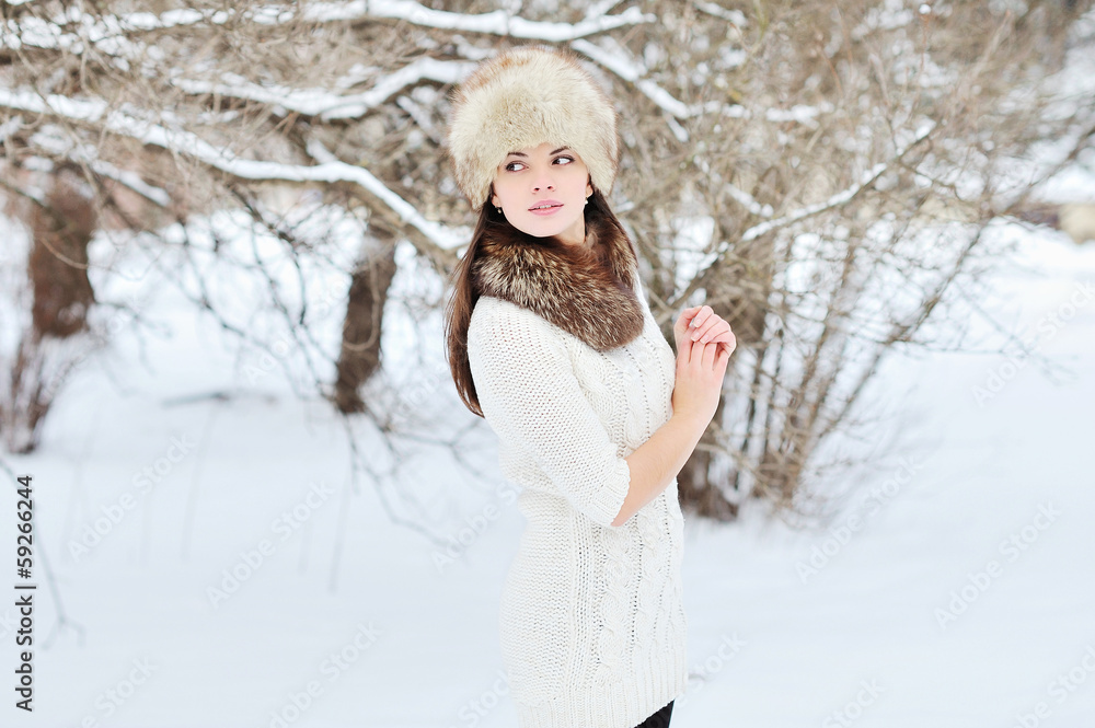 Fototapeta premium Beautiful woman in the winter scenery