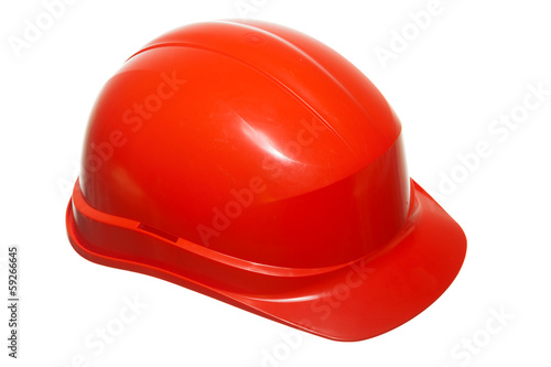 Red safety helmet of builder building worker isolated on white