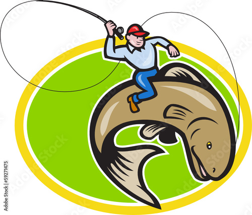 Fly Fisherman Riding Trout Fish Cartoon